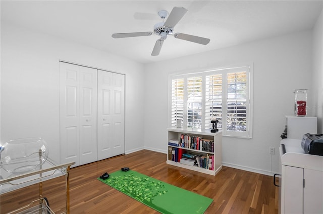 rec room featuring hardwood / wood-style floors and ceiling fan