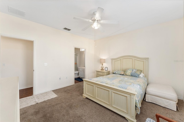 bedroom featuring ceiling fan, carpet floors, and connected bathroom