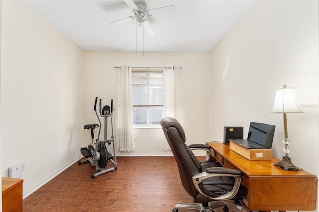 home office with ceiling fan and dark hardwood / wood-style flooring