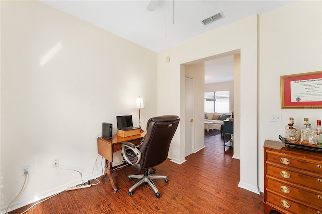 office with dark hardwood / wood-style floors