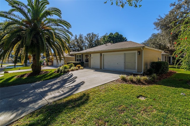 ranch-style home featuring a garage and a front lawn