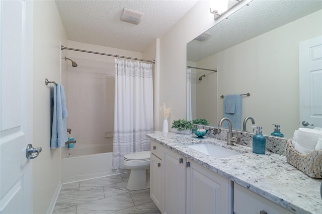 full bathroom with vanity, shower / bath combination with curtain, a textured ceiling, and toilet