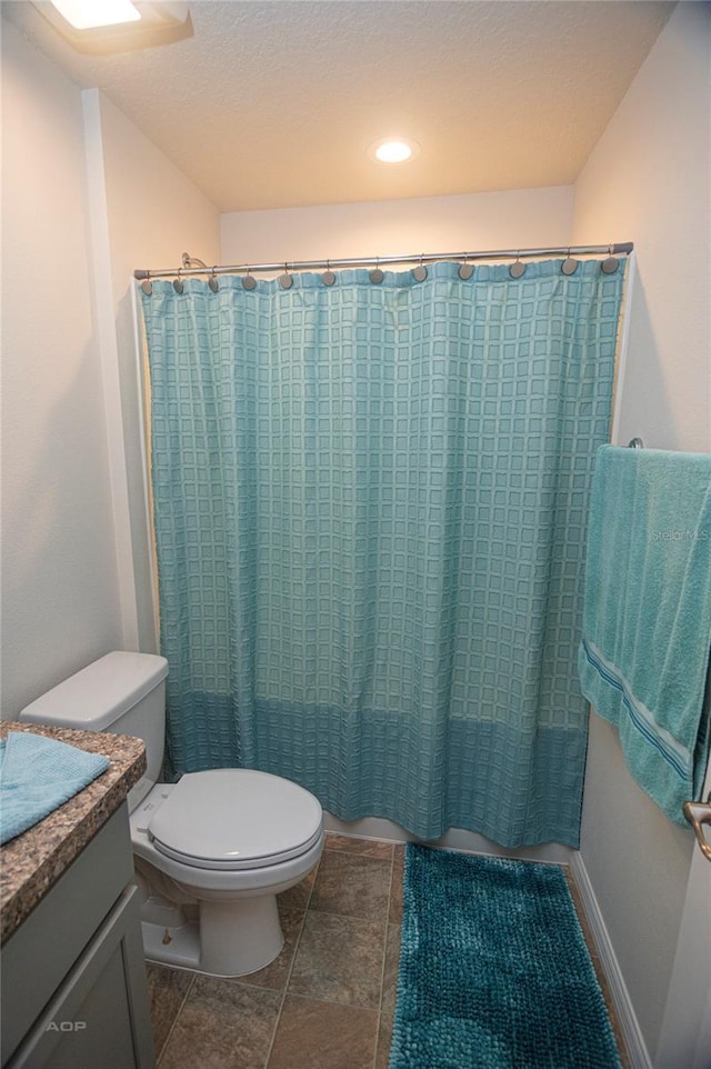 full bathroom with vanity, toilet, and shower / bathtub combination with curtain