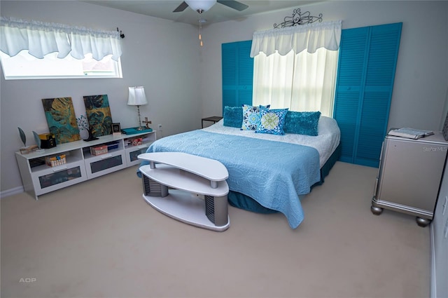 bedroom featuring carpet floors and ceiling fan