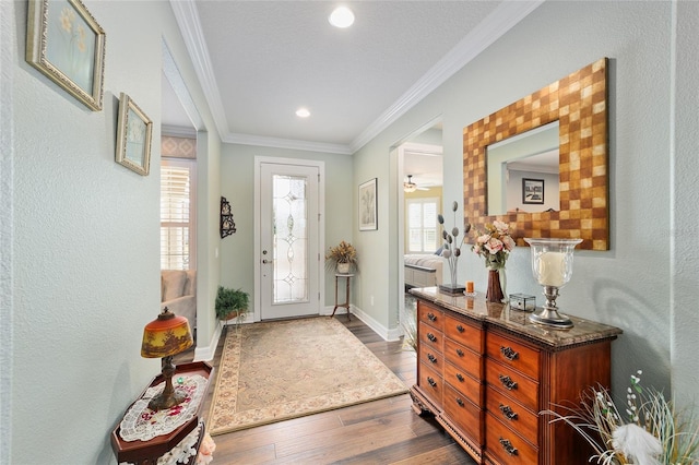 foyer entrance featuring dark hardwood / wood-style floors, ceiling fan, and ornamental molding