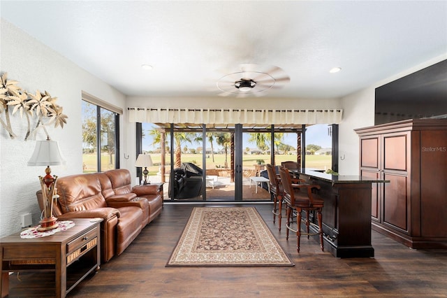 living room featuring ceiling fan and dark wood-type flooring