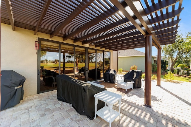 view of patio / terrace with outdoor lounge area, a pergola, and area for grilling