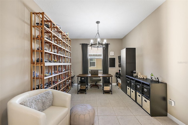 wine room with light tile patterned floors and an inviting chandelier