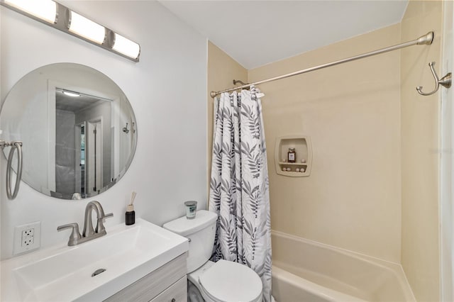 full bathroom with vanity, shower / bathtub combination with curtain, and toilet