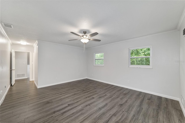 unfurnished room with ornamental molding, a textured ceiling, ceiling fan, and dark wood-type flooring