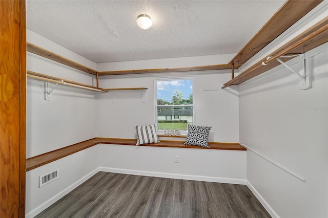 spacious closet featuring dark hardwood / wood-style floors