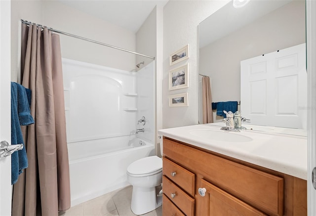 full bathroom with toilet, shower / bath combo, vanity, and tile patterned floors