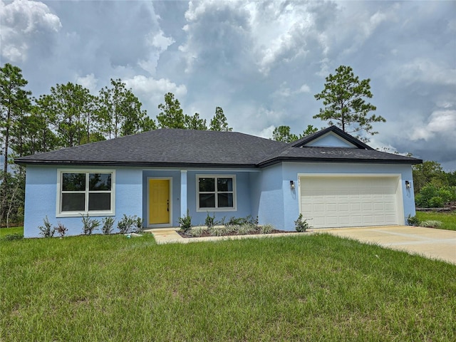 ranch-style house with a front yard and a garage