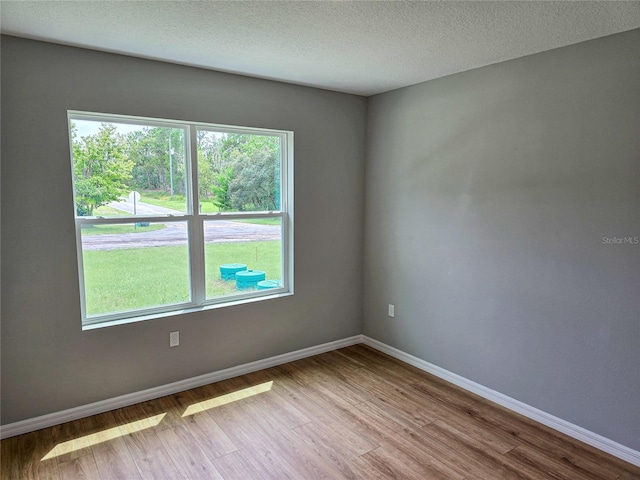 empty room with a textured ceiling and light wood-type flooring