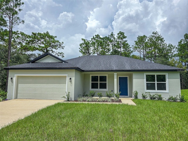 ranch-style home featuring a garage and a front lawn