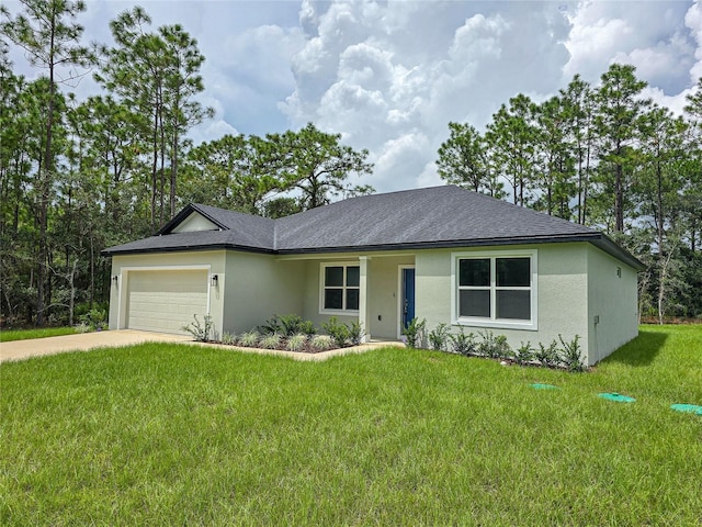 single story home with a garage and a front yard