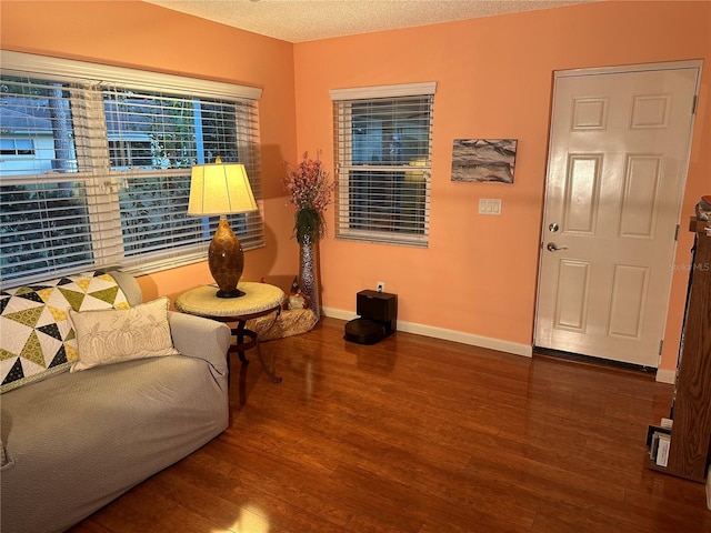 sitting room with hardwood / wood-style flooring and a textured ceiling