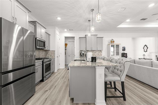 kitchen featuring gray cabinetry, light hardwood / wood-style flooring, a kitchen bar, a kitchen island with sink, and appliances with stainless steel finishes