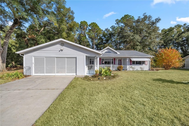 single story home featuring a garage, covered porch, and a front lawn