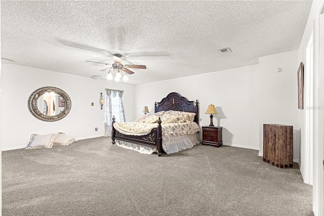 carpeted bedroom with ceiling fan and a textured ceiling