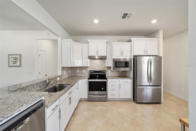 kitchen with white cabinetry, sink, and stainless steel appliances