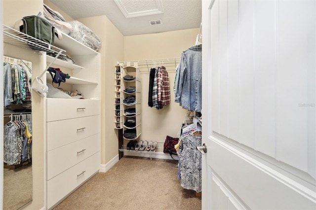 walk in closet featuring light colored carpet