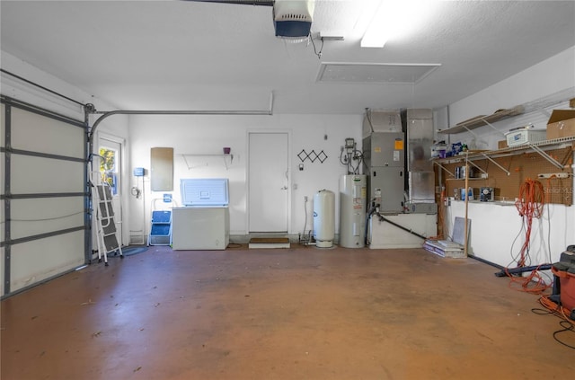 garage featuring electric panel, water heater, heating unit, and a garage door opener