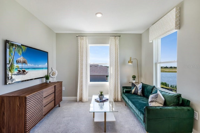 carpeted living room featuring a water view