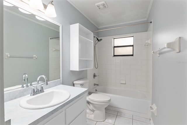 full bathroom featuring ornamental molding, vanity, tiled shower / bath combo, tile patterned flooring, and toilet