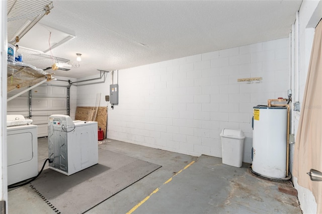 garage with electric panel, electric water heater, a garage door opener, and independent washer and dryer