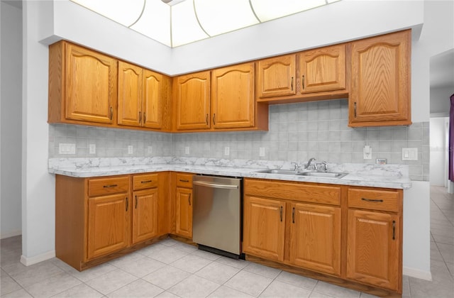 kitchen featuring dishwasher, light tile patterned flooring, decorative backsplash, and sink