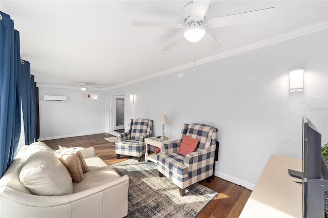 living room featuring ceiling fan, crown molding, a wall mounted AC, and dark wood-type flooring