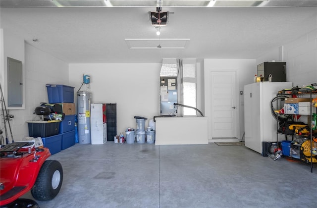 garage with electric water heater, a garage door opener, electric panel, white fridge, and heating unit