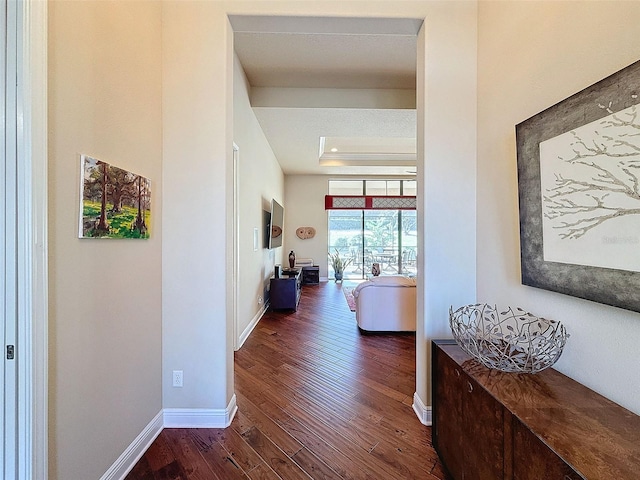 hall featuring dark hardwood / wood-style floors and a tray ceiling