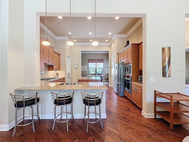 kitchen featuring kitchen peninsula, appliances with stainless steel finishes, dark wood-type flooring, sink, and decorative light fixtures