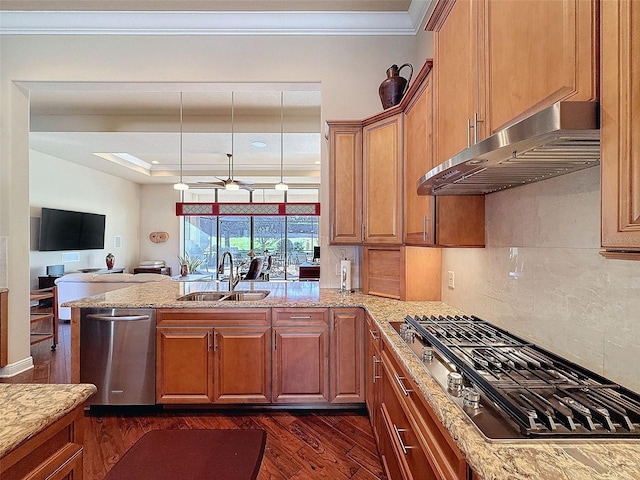 kitchen featuring backsplash, sink, crown molding, dark hardwood / wood-style floors, and stainless steel appliances