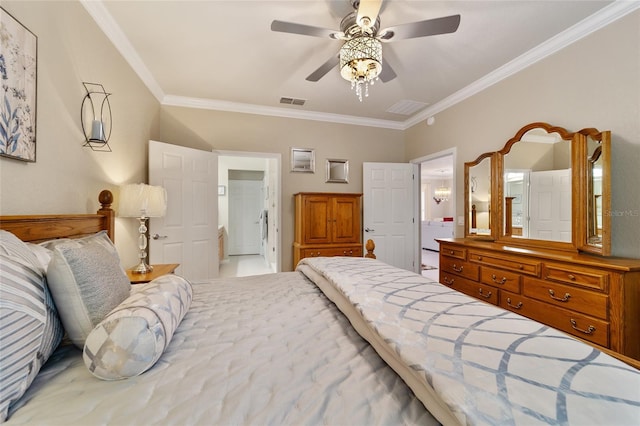 bedroom with ceiling fan and ornamental molding