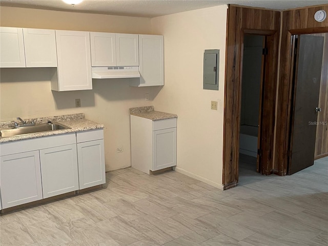 kitchen featuring white cabinetry, sink, and electric panel