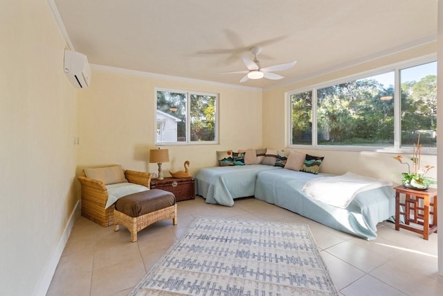 tiled bedroom with a wall mounted air conditioner, ceiling fan, and crown molding