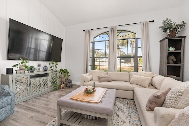 living room featuring lofted ceiling and light hardwood / wood-style flooring