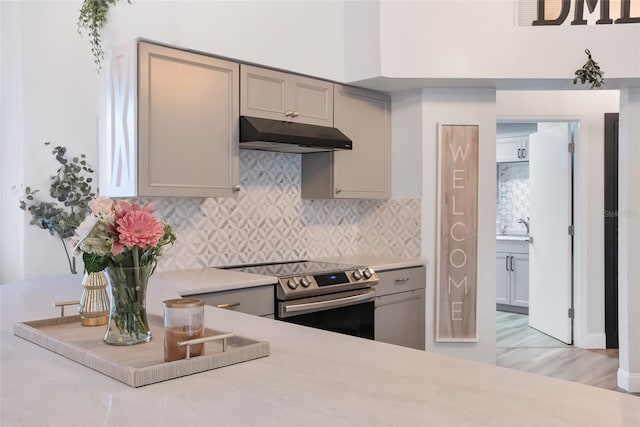 kitchen with gray cabinetry, stainless steel electric range, and decorative backsplash