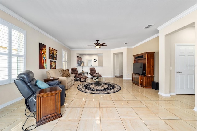 living room featuring light tile patterned floors, ceiling fan, and crown molding