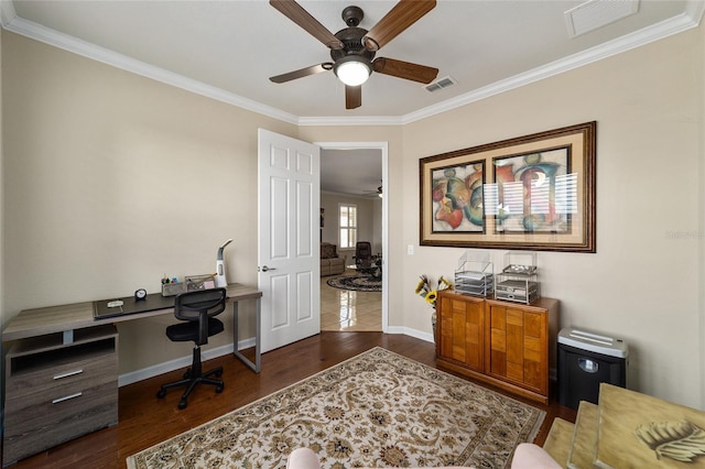 home office with ceiling fan, dark hardwood / wood-style flooring, and ornamental molding