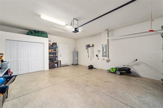 garage featuring electric panel, a garage door opener, and water heater