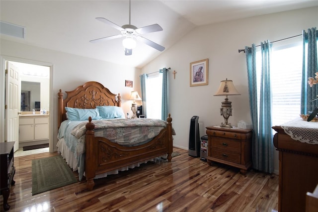 bedroom with hardwood / wood-style flooring, ceiling fan, lofted ceiling, and multiple windows