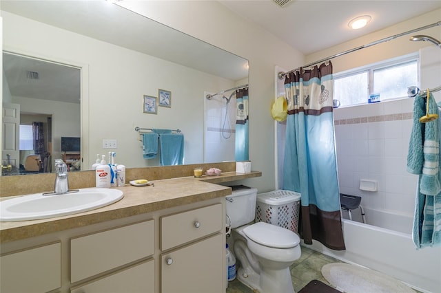 full bathroom featuring tile patterned floors, vanity, toilet, and shower / bathtub combination with curtain