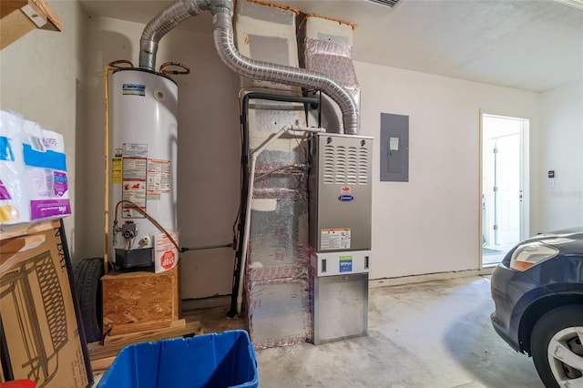 utility room featuring electric panel and gas water heater