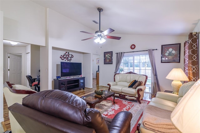 living room featuring wood-type flooring, ceiling fan, and lofted ceiling