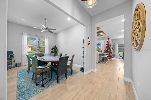 dining space with ceiling fan and light wood-type flooring