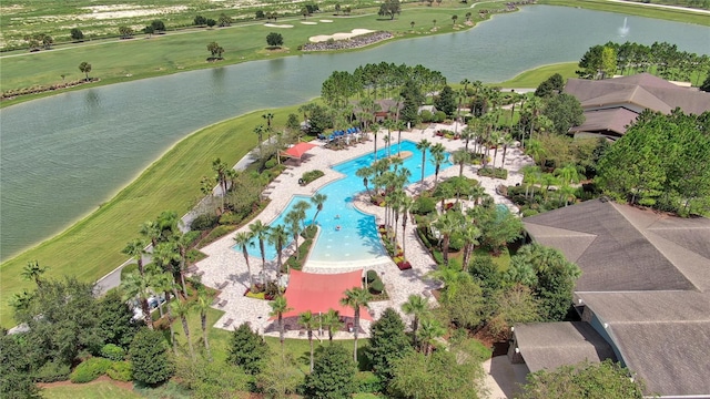 birds eye view of property featuring a water view